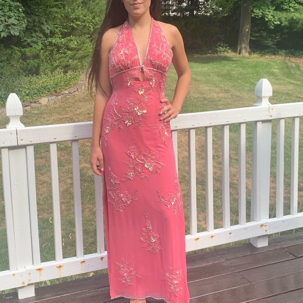 Pink halter gown with sequin & beaded details
